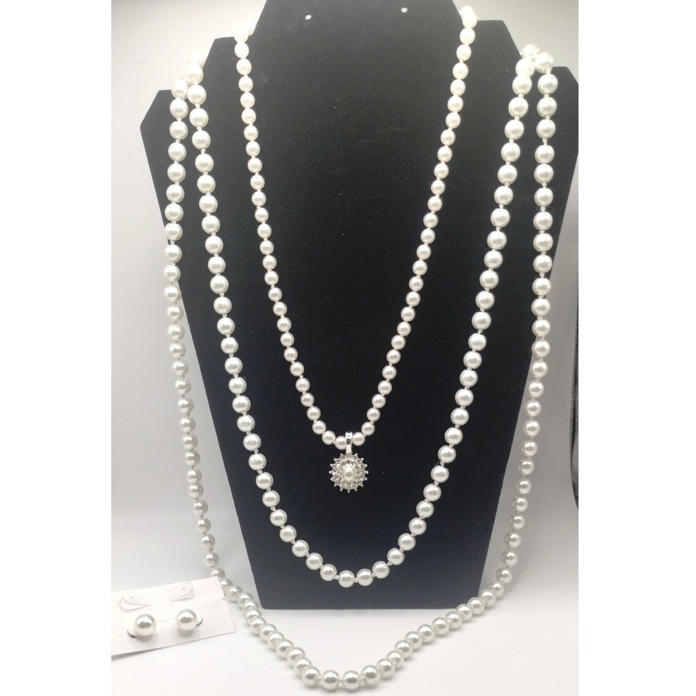 White Faux Pearl Multi Necklaces and Stud Earring Set with Starburst Charm 4pc